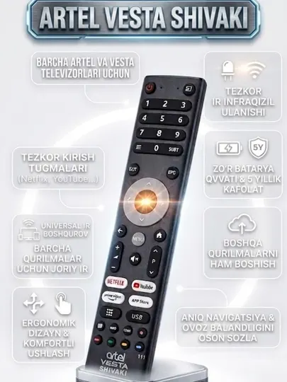 Универсальный пульт Artel Vesta - с кнопками Netflix, YouTube и гладкими кнопками