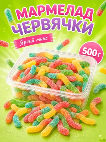Candy World Мармелад жевательный червячки 500 грамм