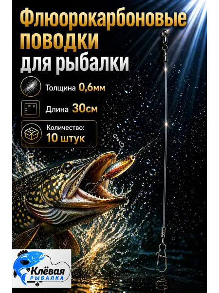 Клёвая рыбалка Флюорокарбоновые поводки для рыбалки 0.6мм 30см 10 штук