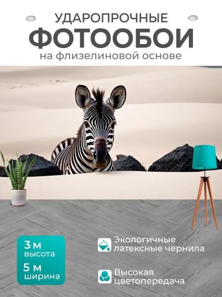 LotsPrints Фотообои "Зебра, выглядывающая из-за черных скал в." 5x3м