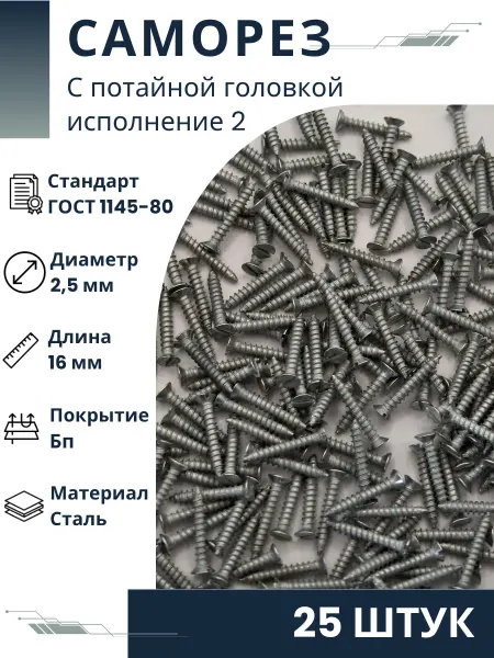 ООО ПК Стандарт-Метиз Шуруп 2-2,5х16 ГОСТ 1145-80 (25 штук)