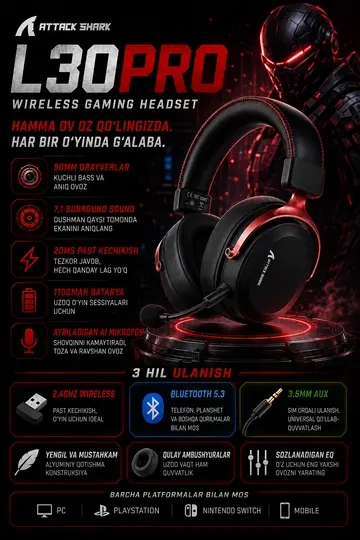 Игровые наушники ATTACK SHARK L30PRO WIRELESS GAMING HEADSET