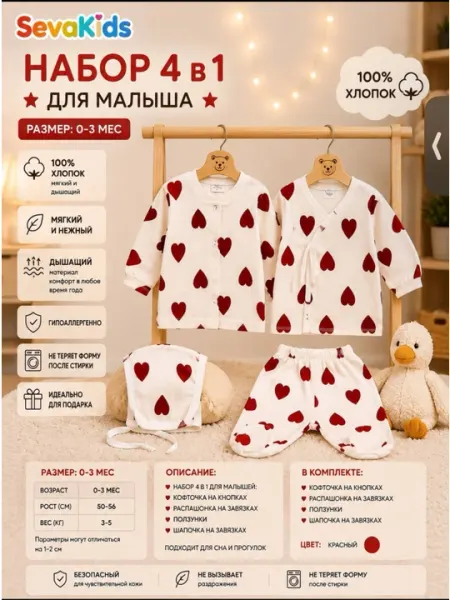 Комплект для новорожденного: халатик, ползунок и чепчик из 100% хлопка - Шапочки, чепчики и рукавички для новорождённых