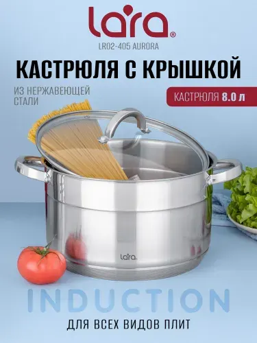 Кастрюля с крышкой 8 л LARA Aurora из нержавеющей стали, для всех видов плит, в т.ч. индукционных плит LR02-405