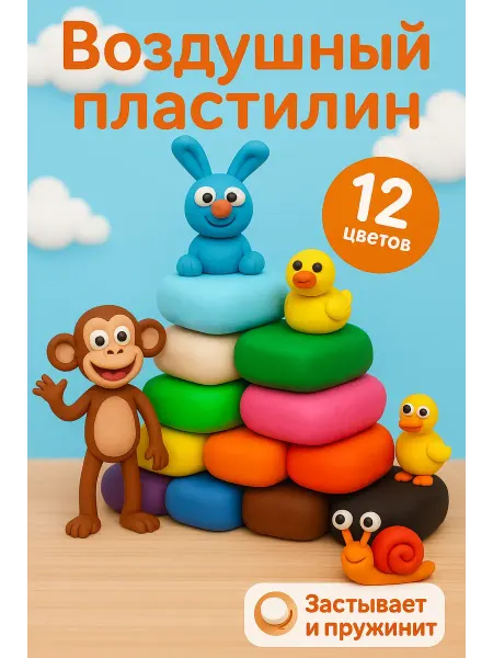 Lion Toys Пластилин воздушный легкий качественный 12 цветов