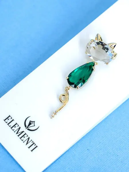 ELEMENTI Брошь Подвижная Котик с кристаллами
