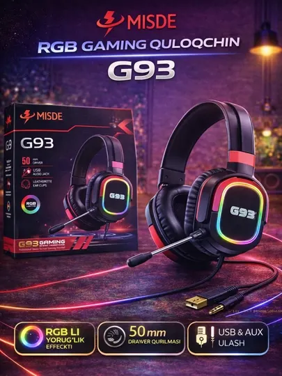 Игровые наушники MISDE G93 RGB, стерео звук, микрофон, USB и AUX для ПК