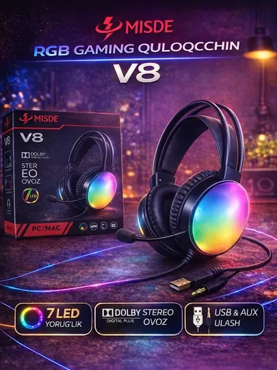 Игровые наушники MISDE V8 RGB, стерео звук, микрофон, USB и AUX для ПК