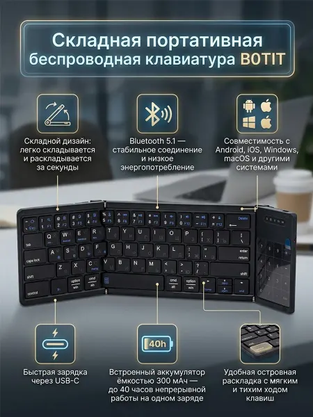 AVGlobal Складная портативная беспроводная клавиатура B0TIT