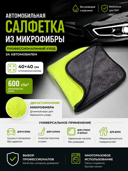 Салфетка микрофибровая автомобильная 40х40см 600гр/м серая