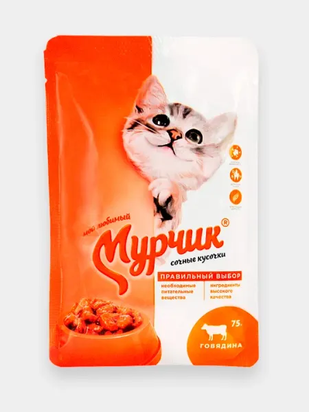Корм консервированный для кошек Мурчик, с говядиной, 75 гр 35 штук