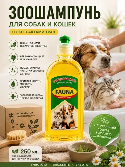 Зоошампунь FAUNA с экстрактами лекарственных трав для собак и кошек, 300 мл - Косметика для животных