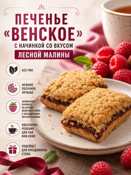 Русская печь Печенье "Венское" с начинкой со вкусом малины,250гр