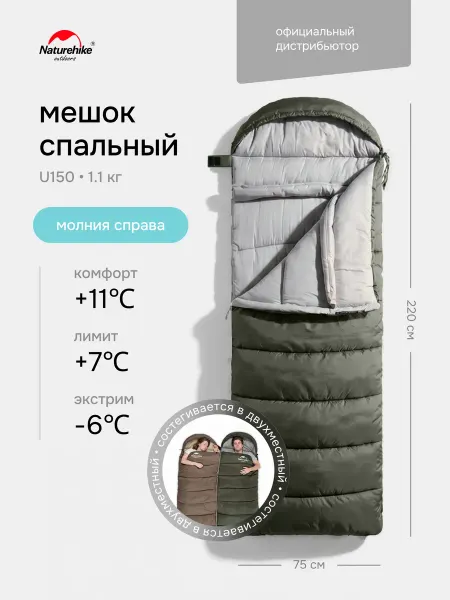 Naturehike Спальный мешок туристический U150 с капюшоном молния справа