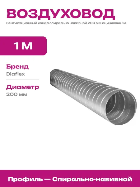 Воздуховод круглый оцинкованный 200 мм 1000 мм для вытяжки