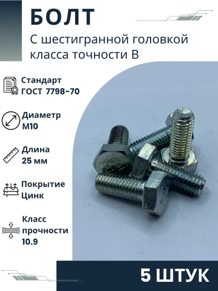 ООО ПК Стандарт-Метиз Болт М10-6gх25.109.019 ГОСТ 7798-70 (5 штук)