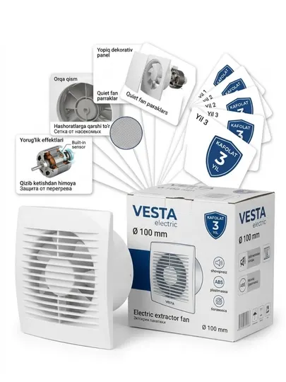 Бесшумный электрический вытяжной вентилятор VESTA, 100 мм - Вытяжные вентиляторы