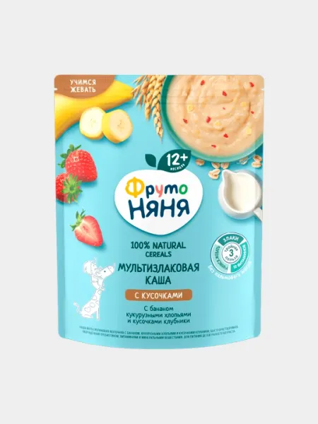 Каша мультизлаковая молочная ФрутоНяня с бананом, кукурузными хлопьями и кусочками клубник, 190 г - Детские каши