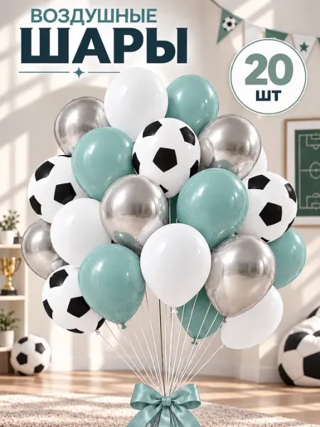 TOYS & BALLOONS Шары воздушные футбольные белые мятные серебристые 20 шт