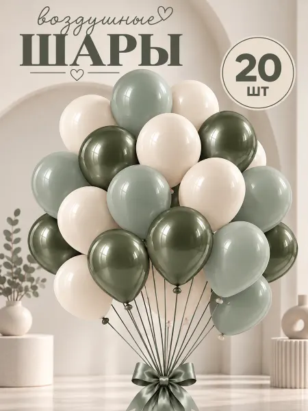 TOYS & BALLOONS Шары воздушные зеленые кремовые авокадо хром 20 шт