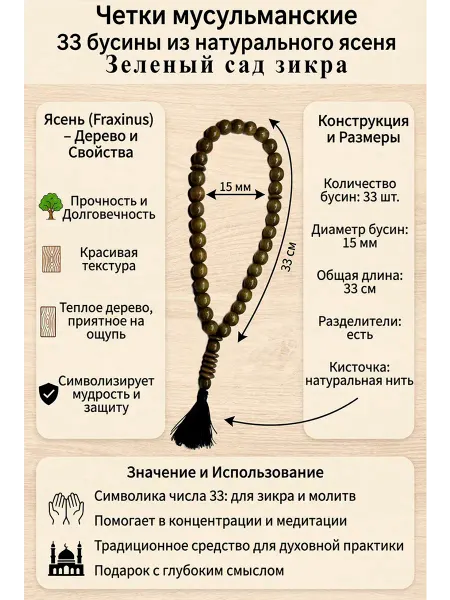Мастерская Аффина Четки Мусульманские 33 бусины натуральное дерево ясень