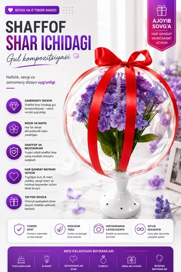 Фиолетовая гортензия в прозрачном шаре – подарочная композиция Premium искусственные цветы