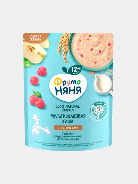 Каша мультизлаковая молочная ФрутоНяня с яблоками, кукурузными хлопьями и кусочками малины, 190 г - Детские каши