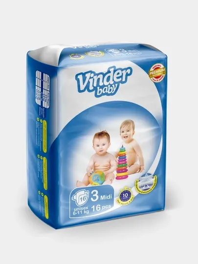 Подгузники Vinder baby PREMIUM Materials, 3 Миди, 16 шт, 6 - 11 кг - Подгузники и трусики