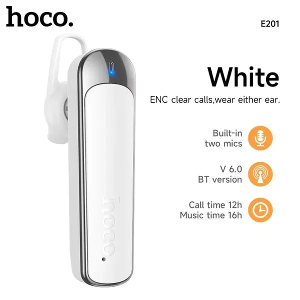 Моно-гарнитура Hoco E201 ENC, беспроводная, до 16 часов работы, белый