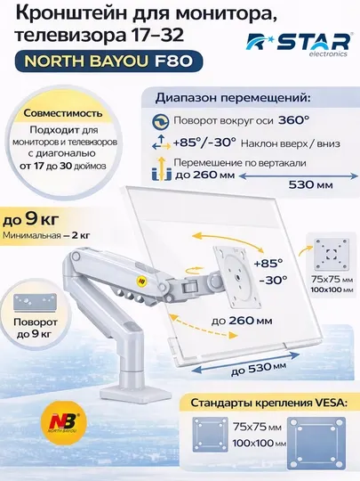 Кронштейн для монитора, телевизора, 17-32, North Bayou F80, RSTAR
