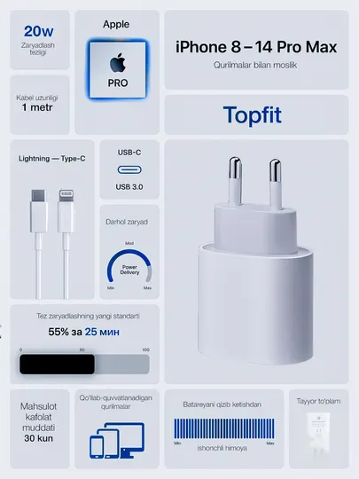Зарядное устройство для iPhone, быстрая зарядка 25 Вт, с кабелем Type-C — Lightning - Аксессуары и запчасти