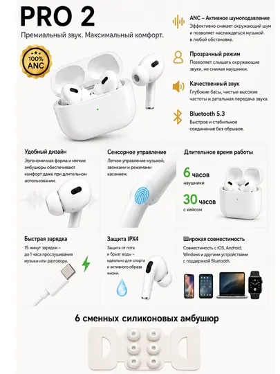 Беспроводные наушники AirPods Pro 2 ANC Bluetooth 5.3 сенсорные - Наушники