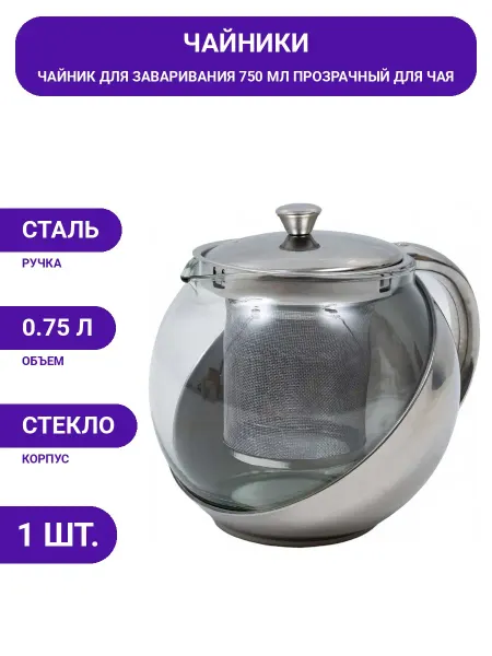 RAINSTAHL Заварочный чайник 750 мл, стекло, ручка нерж. сталь, серый