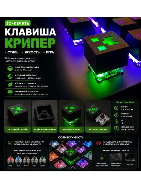 Клавиша для механической клавиатуры «Крипер» (3D-печать)