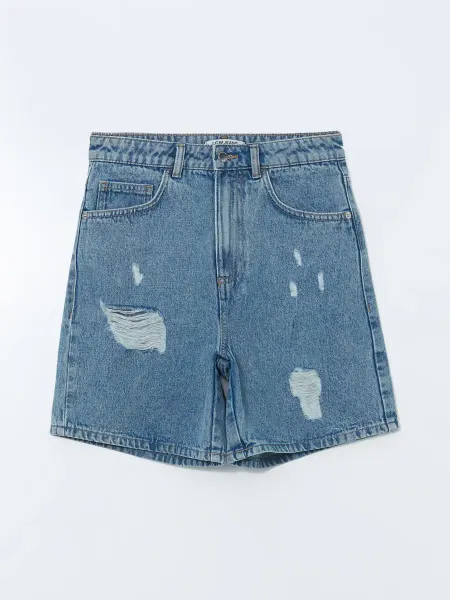 LC Waikiki Индиго женские джинсовые шорты Bermuda с рваными деталями