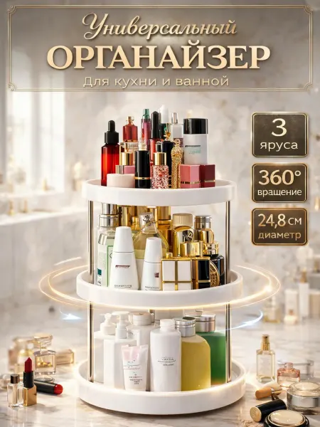 Полка вращающаяся 3 уровня для кухни, специй и косметики