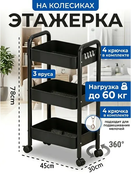 GOOD HOME Полка стеллаж на колесиках черная для хранения
