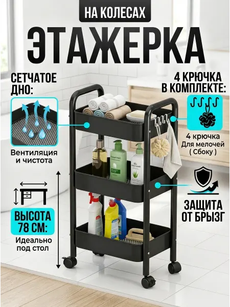 ToveW Органайзер этажерка на колесиках черная под стол