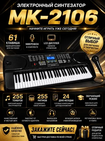 MK-2106 Электронный синтезатор, 61 клавиша, с микрофоном и адаптером - Клавишные инструменты