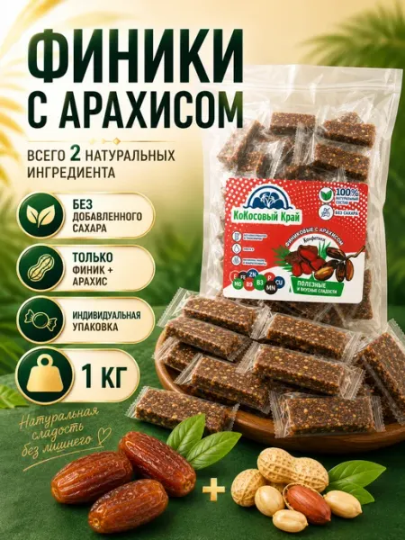 КоКоСовый Край Конфеты без сахара финиковые ПП с арахисом 1 кг