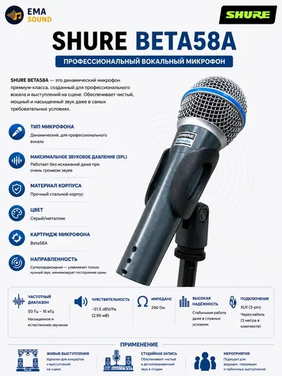 Shure Beta58A Профессиональный кабельный динамический микрофон