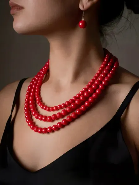 Beverly jewelry Бусы красные многослойные и серьги бижутерия набор