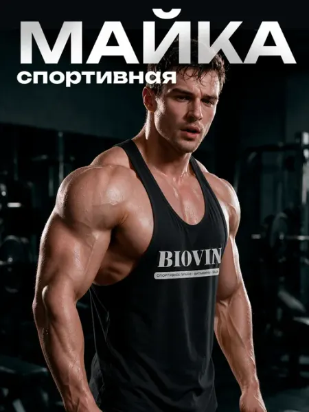 BIOVIN Майка мужская спортивная для фитнеса черная с принтом
