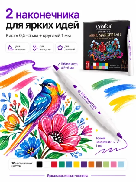 Акриловые маркеры Criatica®, 12 цветов, 2 наконечника - Маркеры
