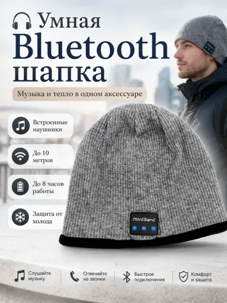 Мона Шапка Bluetooth с наушниками вязаная темно-серая