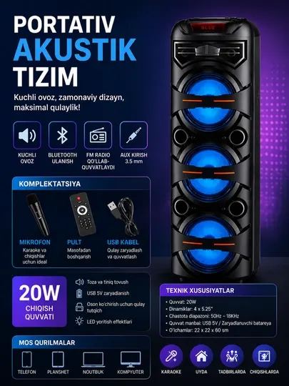 Портативная акустическая система с Bluetooth, микрофоном и пультом