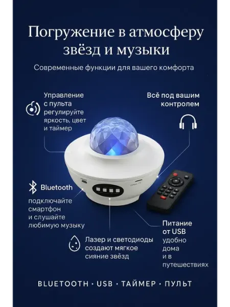 Бакуся Музыкальный ночник проектор звездного неба с Bluetooth