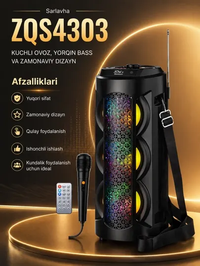 Bluetooth караоке-колонкаZQS4303 с микрофоном, RGB LED и пультом дистанционного управления