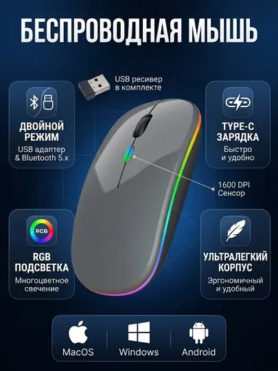 Беспроводная компьютерная мышь, с Bluetooth и USB-адаптером, с RGB-подсветкой, бесшумная