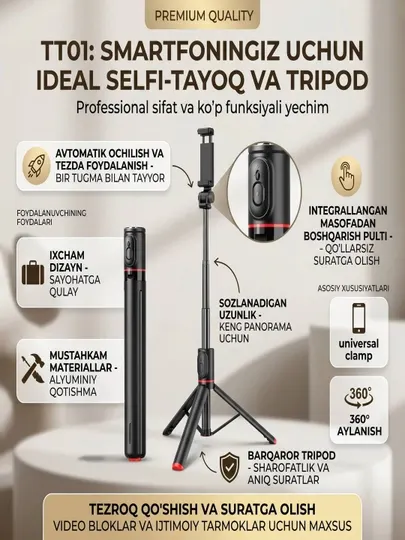 Штатив-палка для селфи TT01 с Bluetooth-пультом универсальный для телефона легкий
